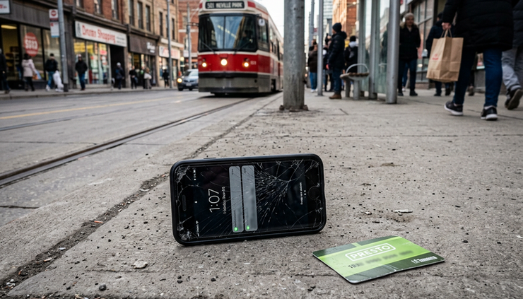 Eye-level view of a cracked iPhone beside a transit card on a downtown sidewalk.