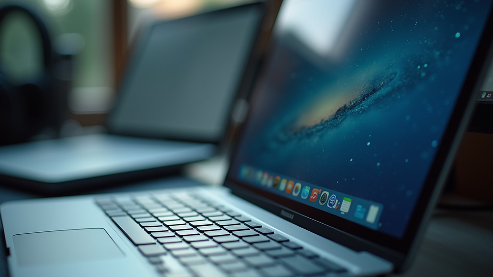 Close-up view of a MacBook keyboard and screen on a repair technician's desk