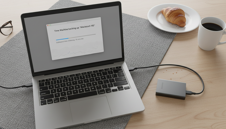 Overhead view of an external drive connected to a MacBook for backup