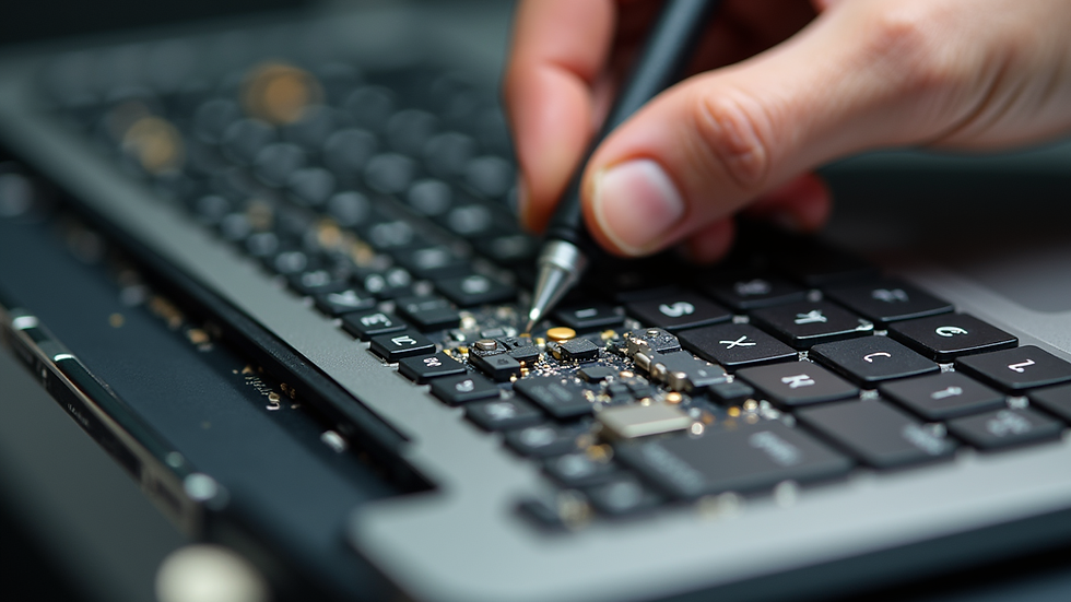 Close-up view of a MacBook being repaired with genuine Apple parts