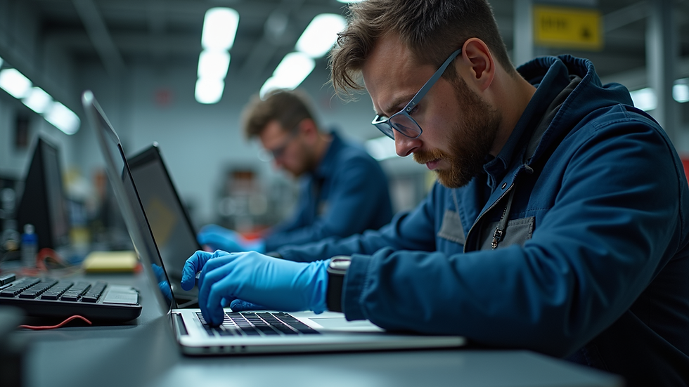 Eye-level view of a technician replacing a MacBook Pro screen in a repair shop