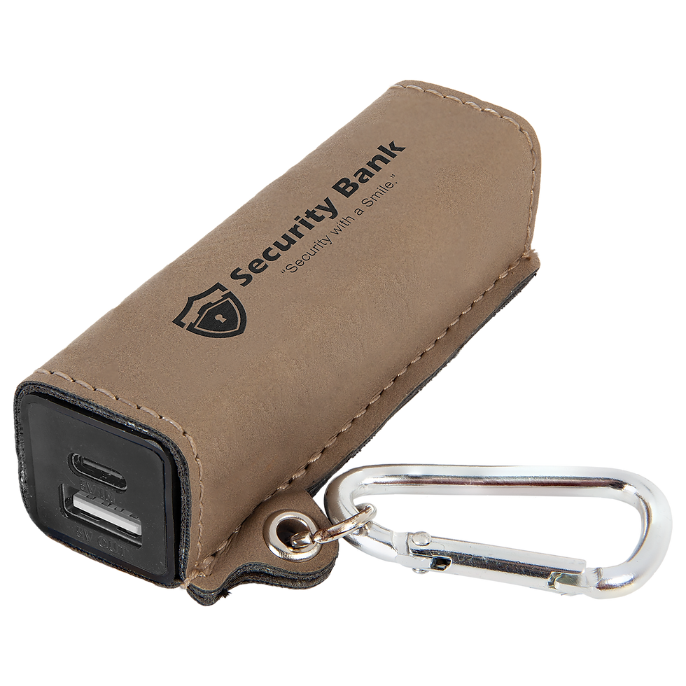 Leatherette 2200mAh Power Bank in Light Brown - engraved sample shown (example engraving)