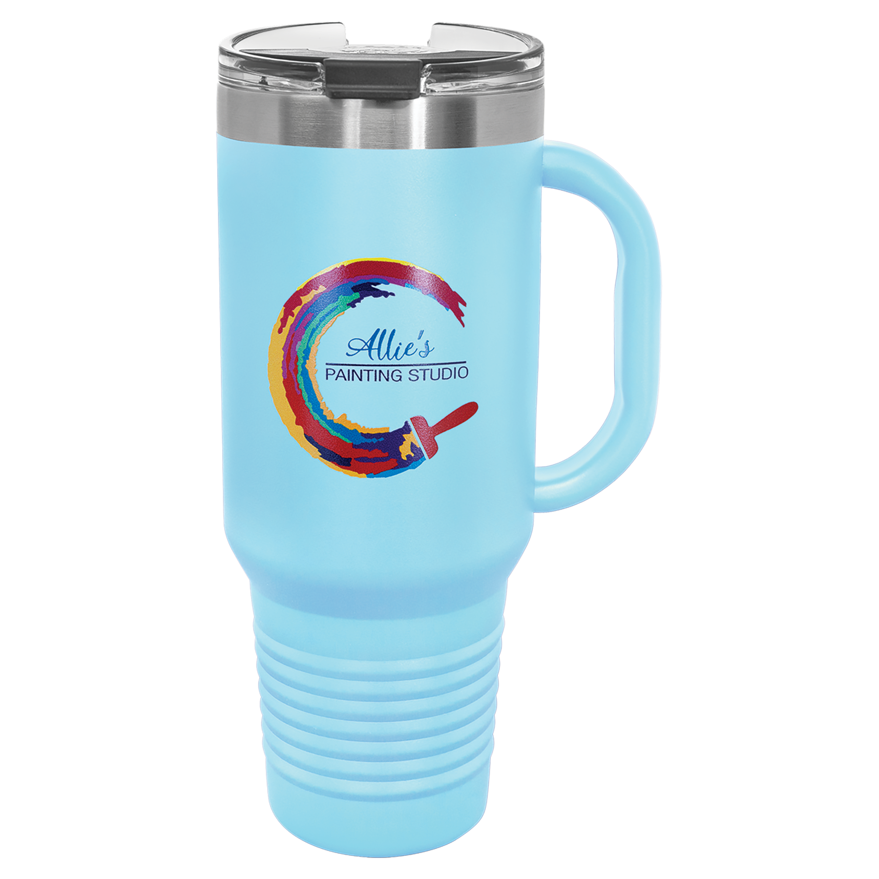 Polar Camel 40 oz Travel Mug with Handle in Light Blue - engraved sample shown (example engraving)