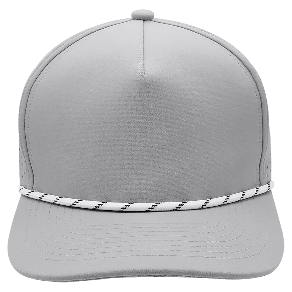 BrimCo 5-Panel Performance Hat with Rope - Waterproof, Adjustable, Customizable in Light Gray/Light Gray w/ White Rope - engraved sample shown (example engraving)