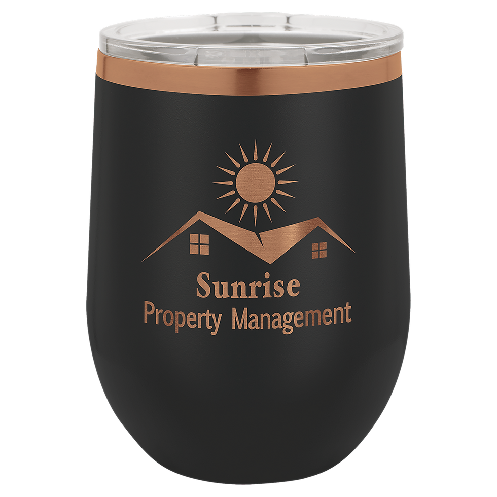 Polar Camel 12 oz Stemless Wine Tumbler - Rose Gold in Black - engraved sample shown (example engraving)