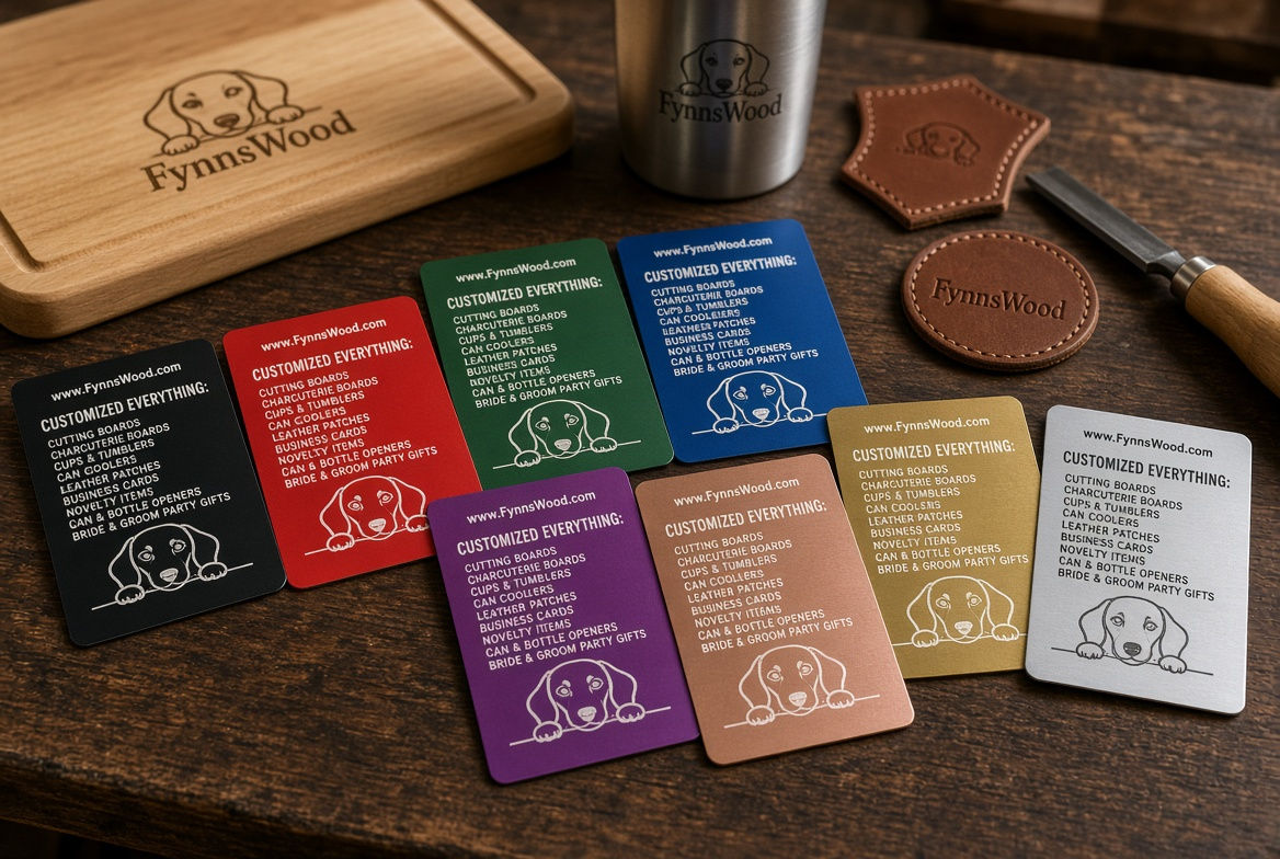 Custom Laser Engraved Metal Business Cards in an assortment of colors, laser engraved with sample logo and text (example engraving)