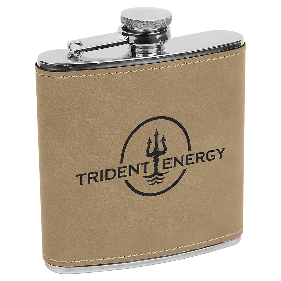 6 oz Leatherette Flask in Light Brown - engraved sample shown (example engraving)