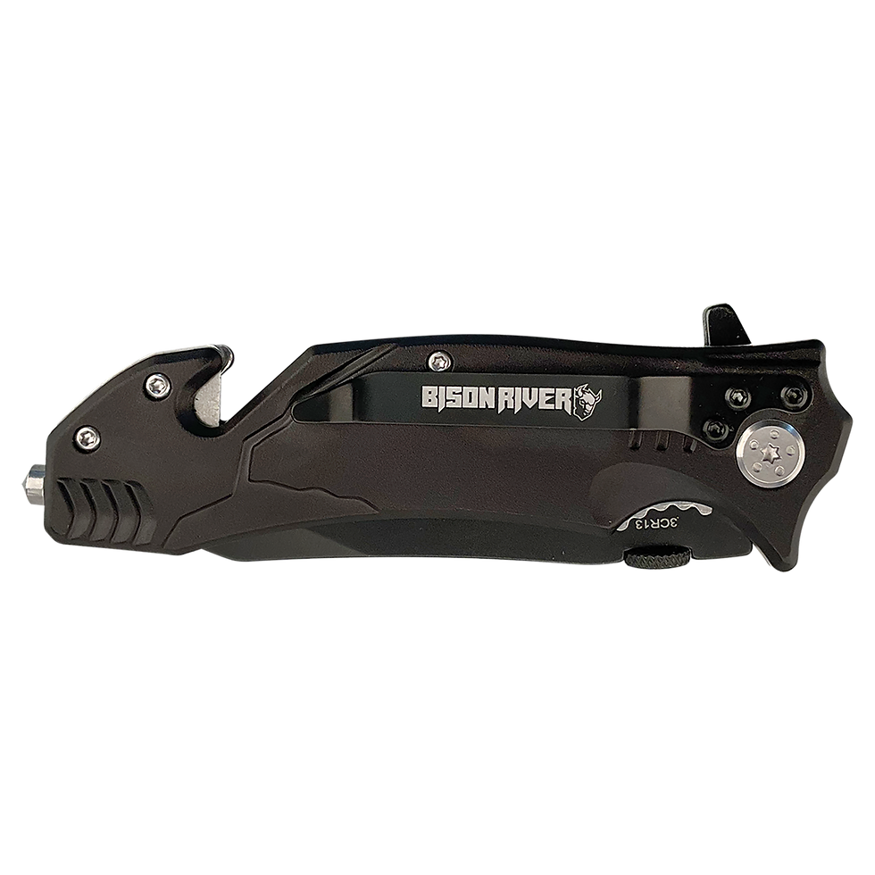 Bison River 4.5" Rescue Knife with Glass Breaker & Seatbelt Cutter in Black - engraved sample shown (example engraving)