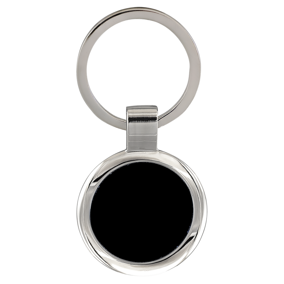 Round Laser Keychain in Silver/Black - blank product, shown without engraving