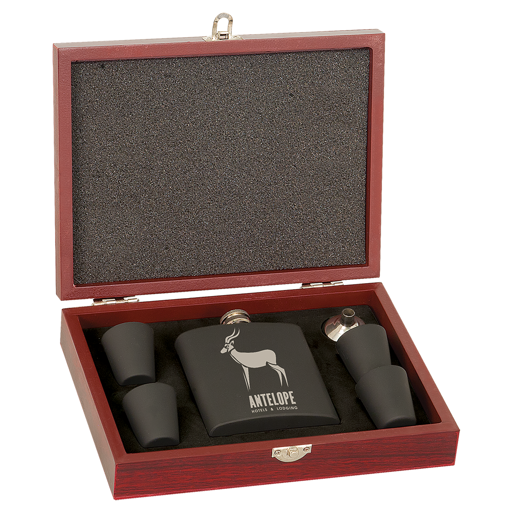 6 oz Flask Gift Set with Wood Box in Matte Black - engraved sample shown (example engraving)