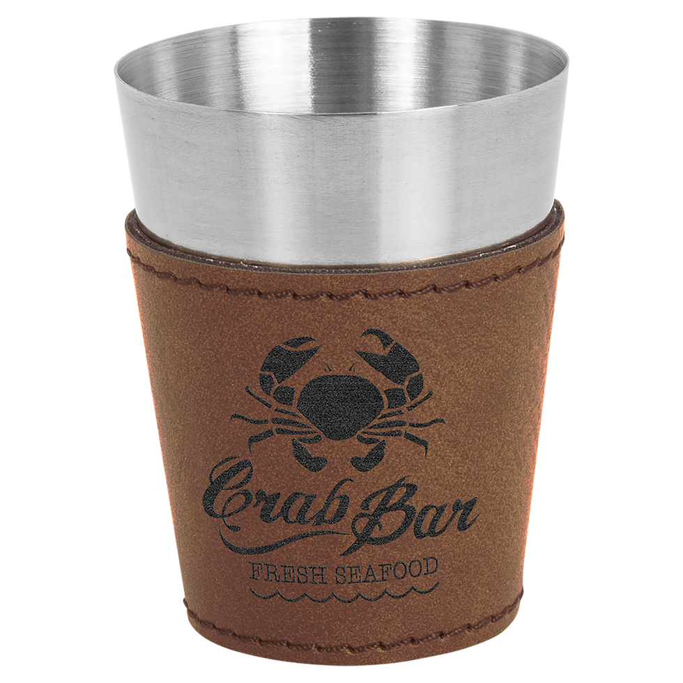 2 oz Leatherette-Wrapped Shot Glass in Dark Brown - engraved sample shown (example engraving)