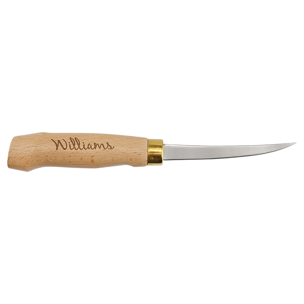 Bison River Fillet Knife with Tanoak Wood Handle & Leatherette Sheath in 4" - engraved sample shown (example engraving)