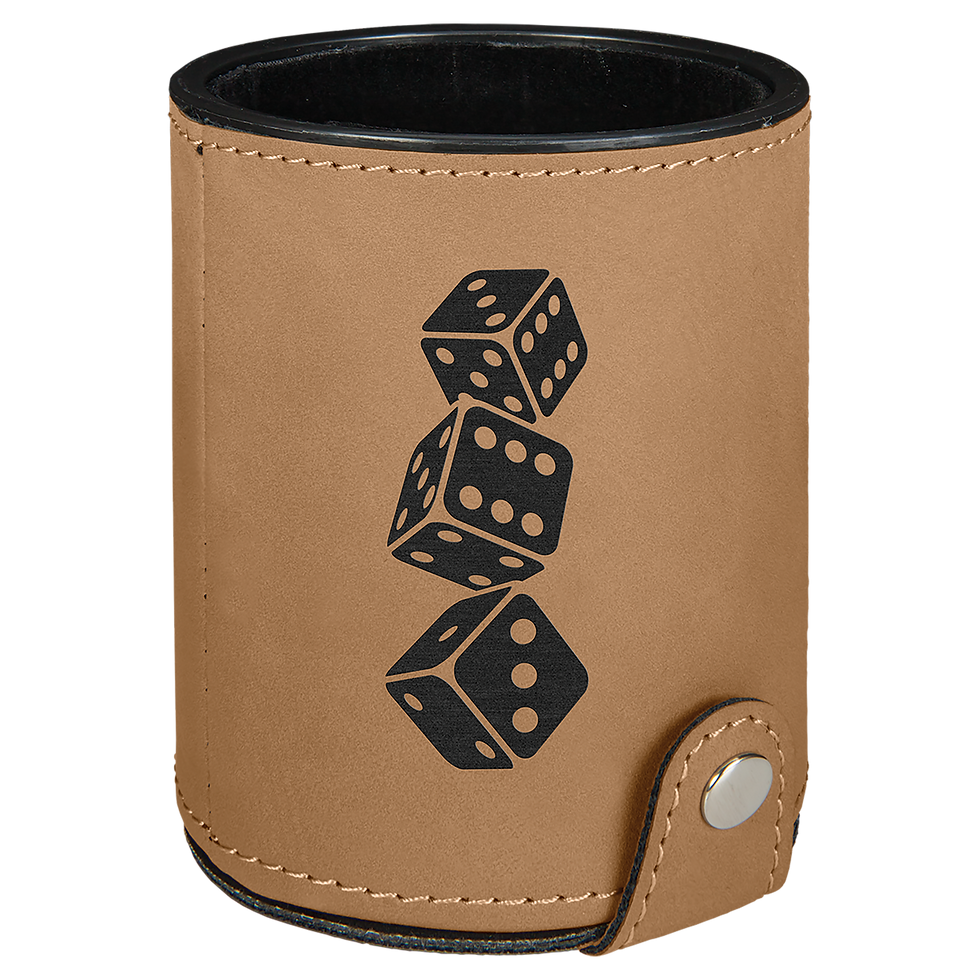 Leatherette Dice Cup with 5 Dice in Light Brown - engraved sample shown (example engraving)