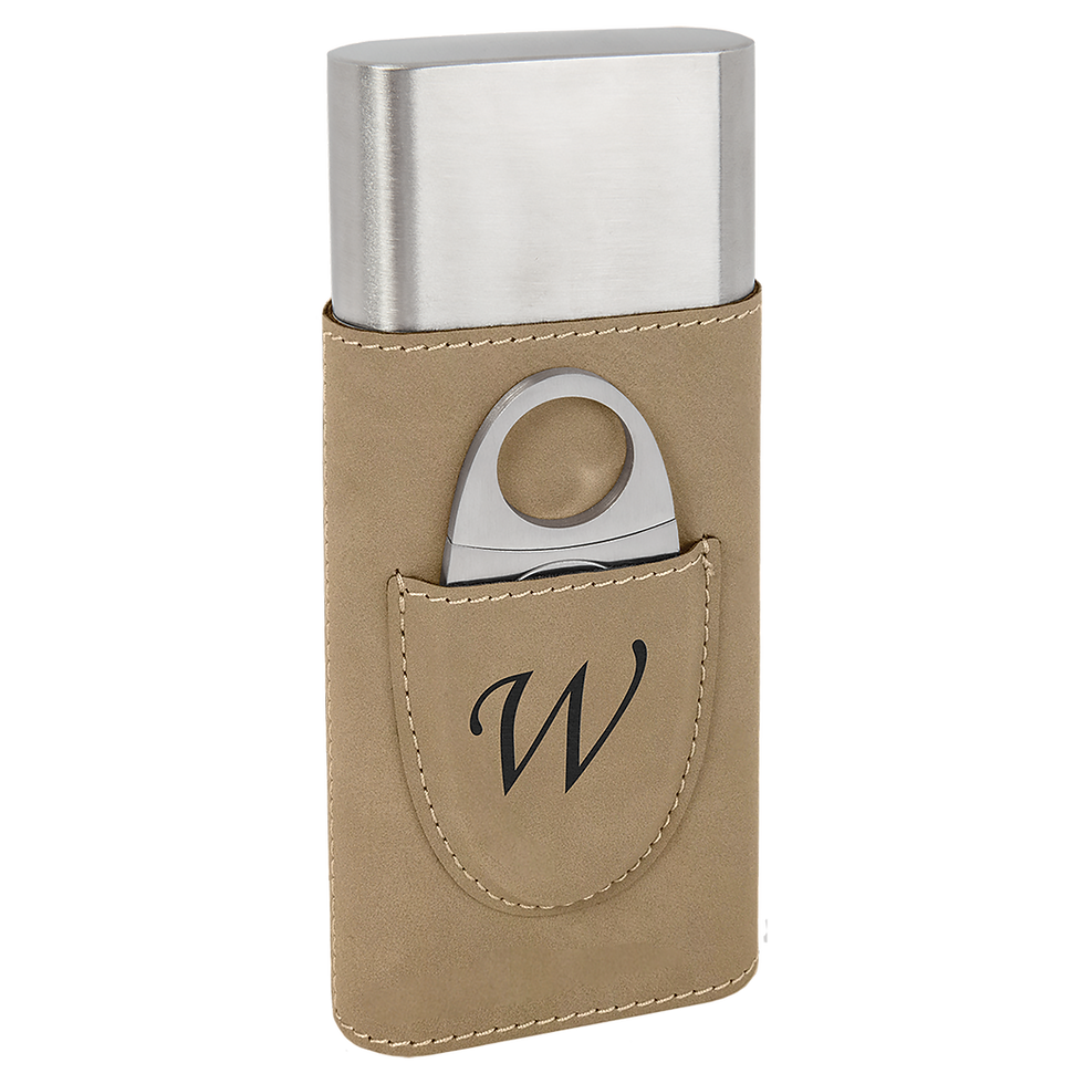 Leatherette Cigar Case with Cutter in Light Brown - engraved sample shown (example engraving)