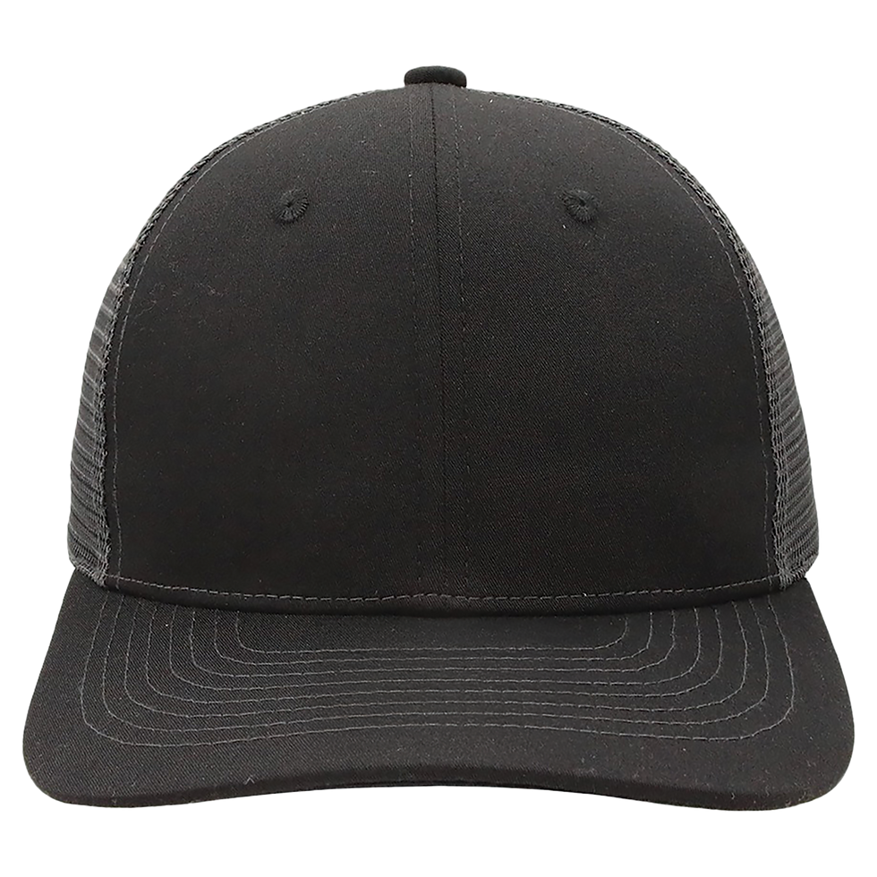 BrimCo Classic 6-Panel Trucker Hat - Breathable Mesh, Leather Patches, One Size in Black / Charcoal - engraved sample shown (example engraving)