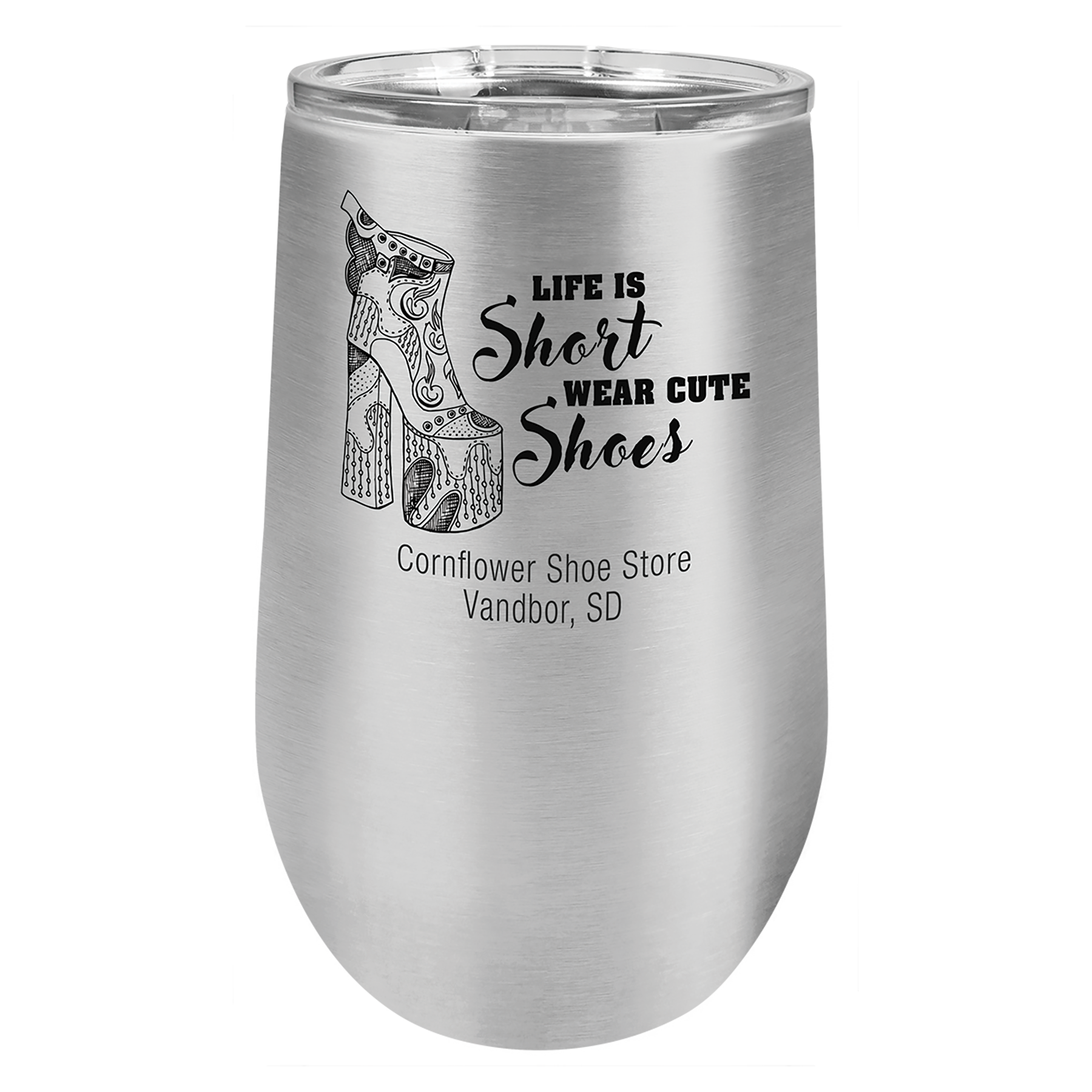 Polar Camel 16 oz Stemless Tumbler in Stainless Steel - engraved sample shown (example engraving)