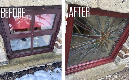 double glazing replaced with stained glass in sheffield old misted unit repaired double glazed window by sheffield glazing company picture of double glazed unit into timber window glass manufactured in sheffield by local company