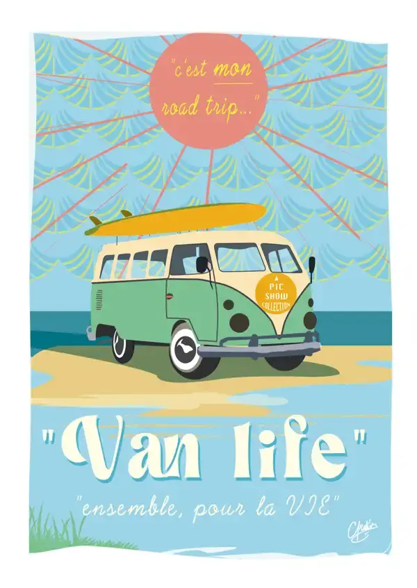 Affiche "Van life" avec un combi VW, une planche de surf sur la plage et le texte "ensemble pour la vie".