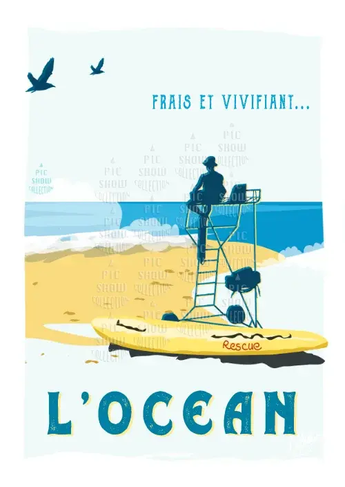 Affiche : L'OCÉAN. Sauveteur sur plage, Les Landes.