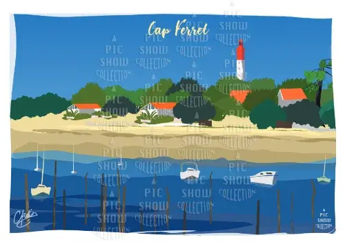 Illustration du Cap Ferret, phare, plage et bateaux.