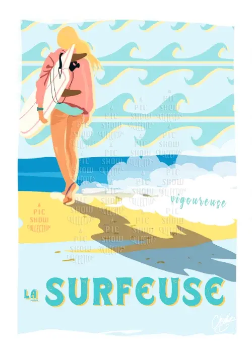 Surfeuse sur la plage. Texte : LA SURFEUSE.