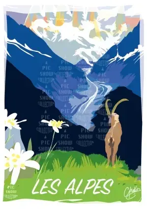 Affiche Les Alpes : bouquetin, montagnes et edelweiss.