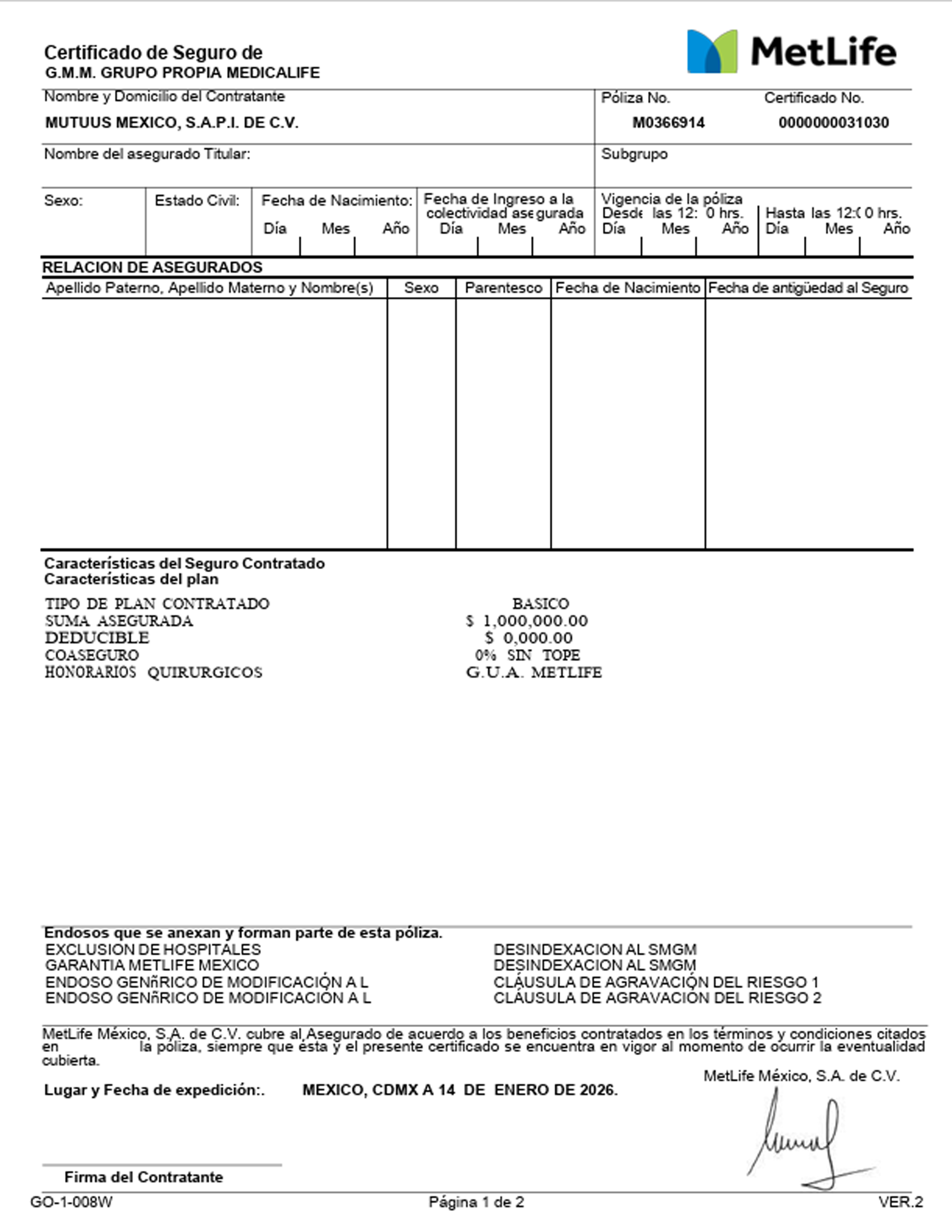 Ejemplo de póliza Mutuus emitida por MetLife