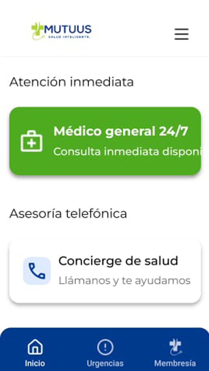 Pantalla de la app Mutuus con póliza activa, SOS emergencia, red médica y póliza digital