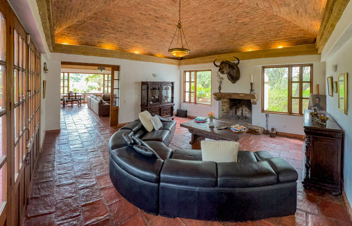 Salón rústico con sofá curvo y chimenea de piedra