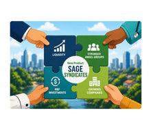 Four professional hands holding puzzle pieces highlighting the key benefits to angel groups who participate in our new product offering called Sage Syndicates