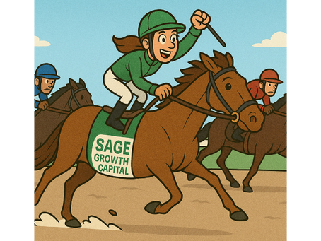 A female horse rider winning the race on a horse that has the name Sage Growth Capital