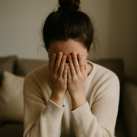 Eine junge Frau sitzt in einem ruhigen Raum und bedeckt nachdenklich ihr Gesicht mit den Händen – ein Bild für das stille Gefühl von Scham.