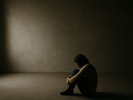 Eine Frau sitzt allein am Boden eines leeren, dunklen Raums. Sie hat die Knie angezogen und den Kopf gesenkt. Durch weiches Licht entsteht ein stiller, nachdenklicher Moment – ein Bild für das Gefühl von Angst und innerem Rückzug.