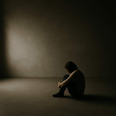Eine Frau sitzt allein am Boden eines leeren, dunklen Raums. Sie hat die Knie angezogen und den Kopf gesenkt. Durch weiches Licht entsteht ein stiller, nachdenklicher Moment – ein Bild für das Gefühl von Angst und innerem Rückzug.