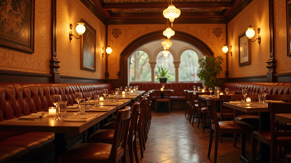 Eye-level view of Indian Elephant restaurant interior with warm lighting and traditional decor