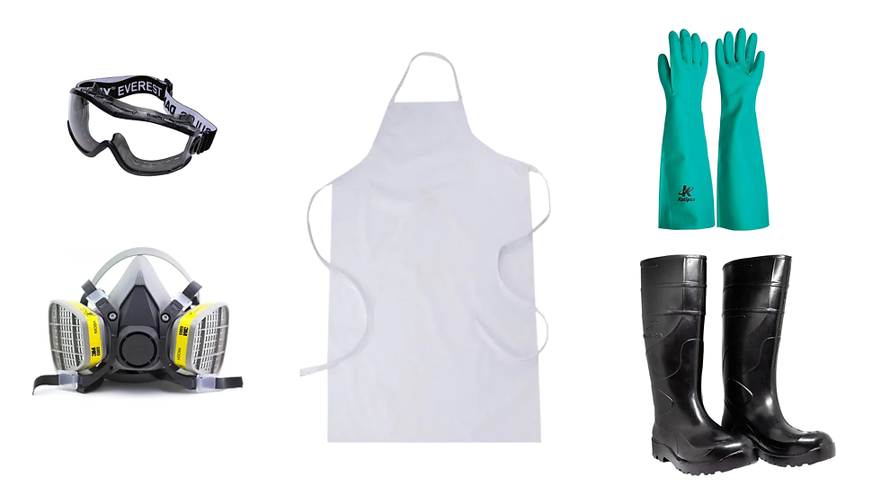 Conjunto de EPI em fundo branco para uso com SOLUPAN: óculos, máscara respiratória, avental, luvas verdes e botas de borracha pretas.