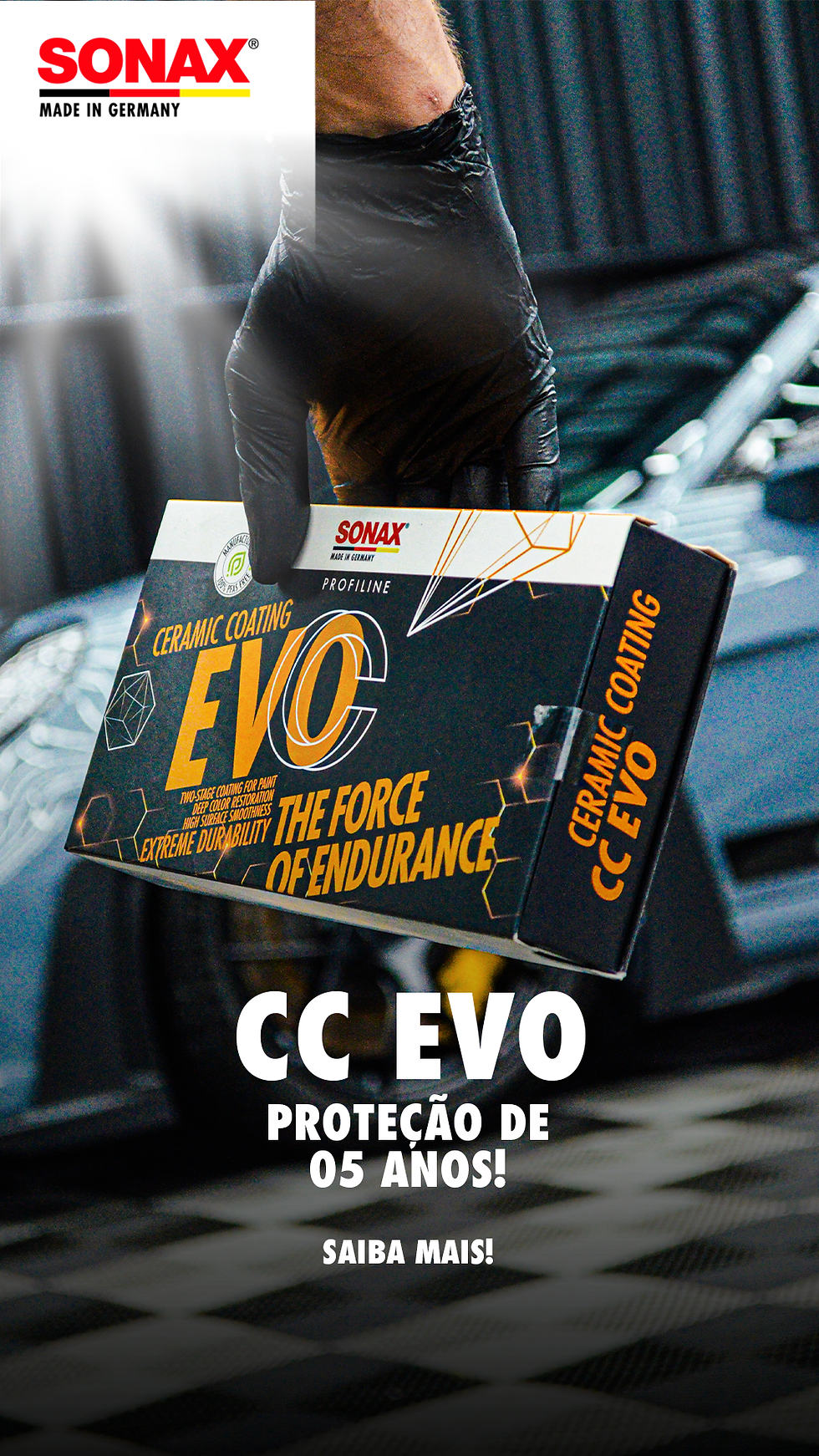 Imagem de capa mostrando o produto SONAX CC Evo Ceramic Coating em destaque, representando proteção cerâmica automotiva profissional com alta durabilidade e brilho intenso.