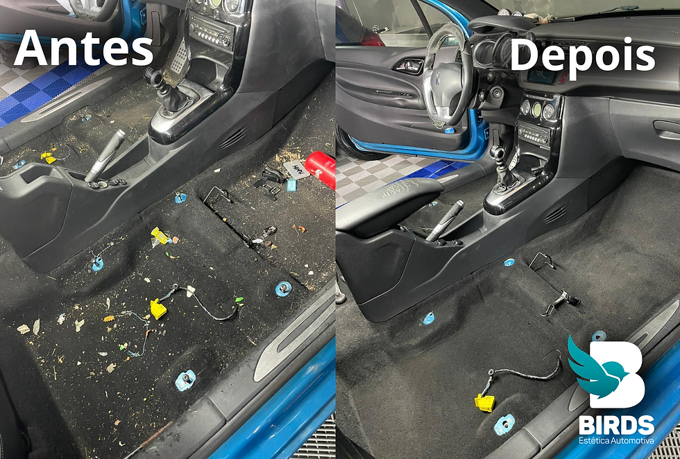 Interior de carro: antes sujo com lixo e cabos expostos, depois limpo; texto Antes e Depois.