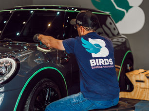 Homem faz polimento de um Mini escuro em estúdio, com camiseta BIRDS Estética Automotiva e logo na parede.