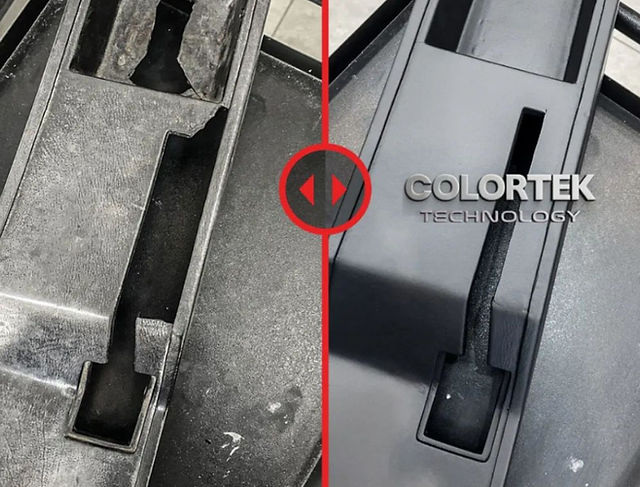 Antes e depois de uma peça de plástico restaurada na Colortek