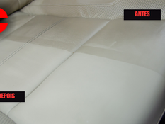 banco de couro automotivo mostrando metade limpa e metade suja, destacando o antes e depois da limpeza correta do couro automotivo