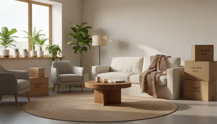 Wide-angle view of a cozy living room with moving boxes and a folded blanket on the sofa.
