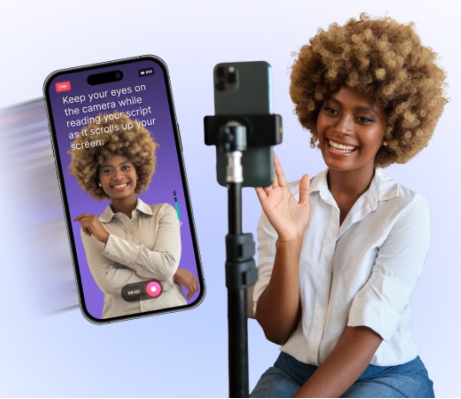 Close-up view of a smartphone on a tripod facing a living room fireplace