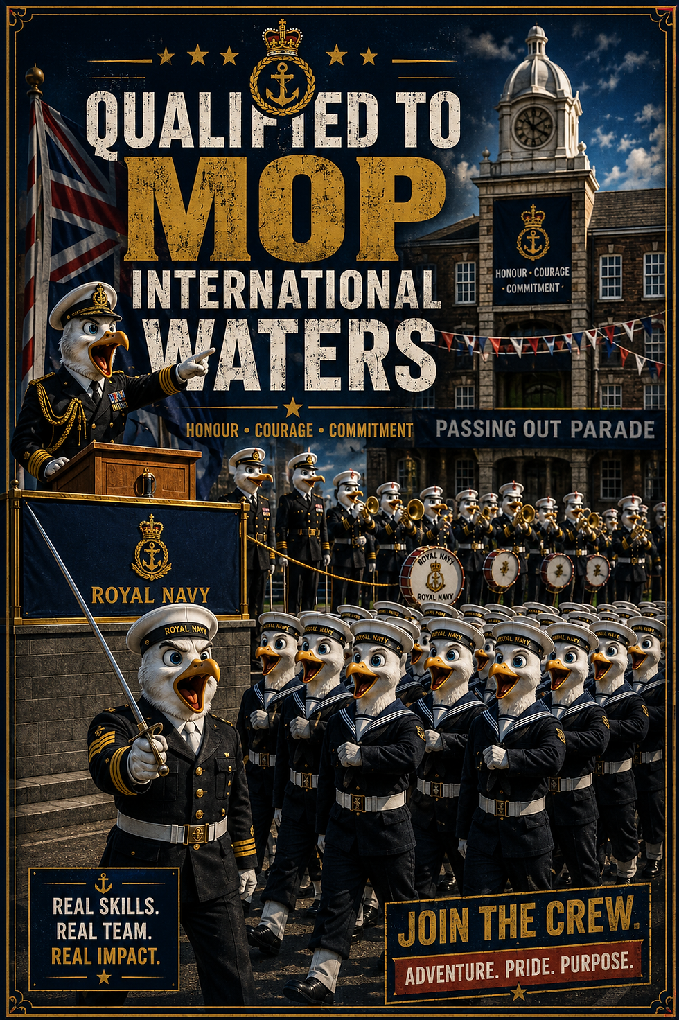 Funny Royal Navy passing out parade card featuring sailors graduating from HMS Raleigh with humorous naval-themed artwork.