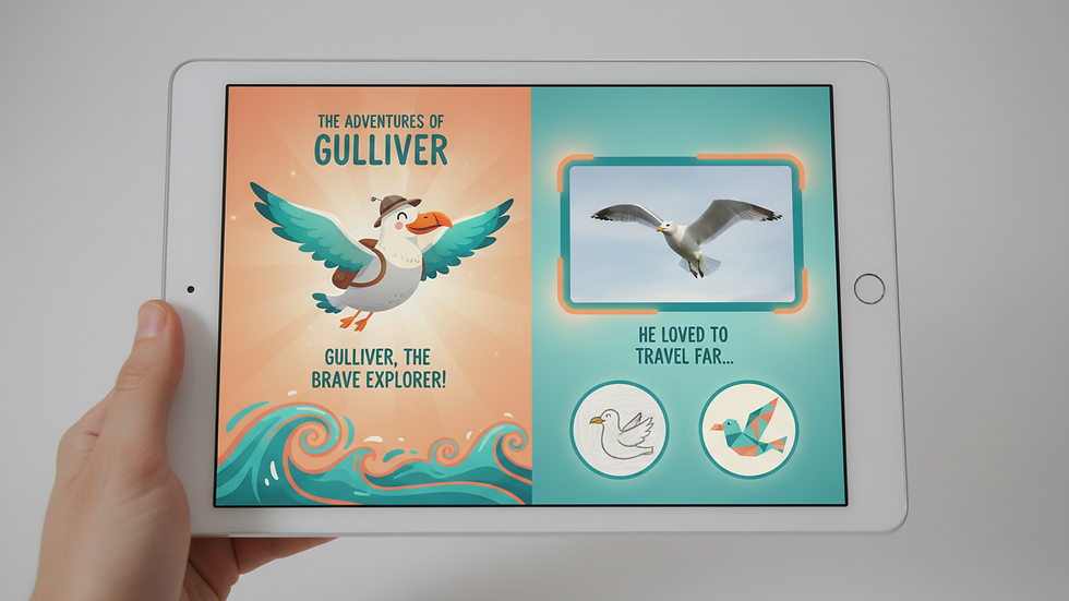 Eye-level view of a tablet displaying a digital storybook with photos and text