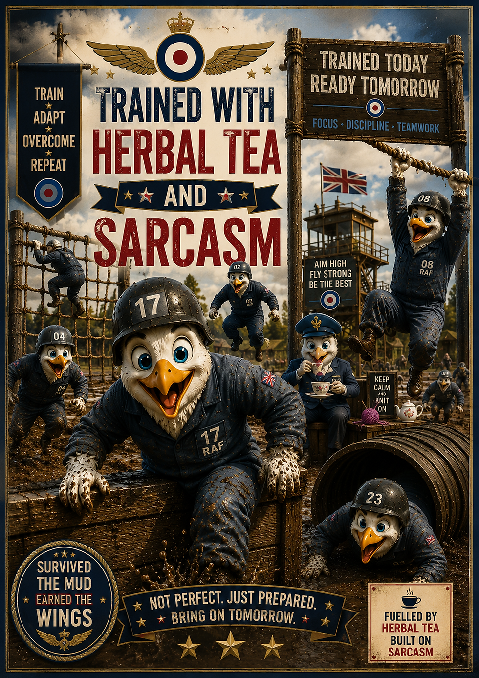 Funny RAF training card featuring Royal Air Force recruits at RAF Halton with humorous aviation-themed military artwork.
