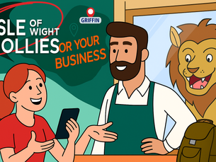 a person sells a isla of wight follies marketing service to a local business, in the background is a manticore