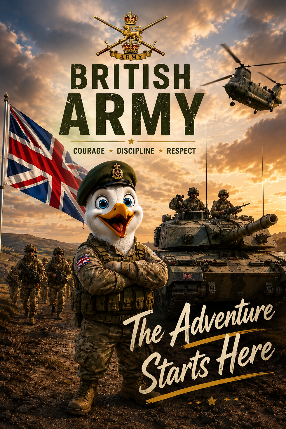 British Army joining card featuring optimistic new recruits beginning their military adventure with humorous army-themed artw