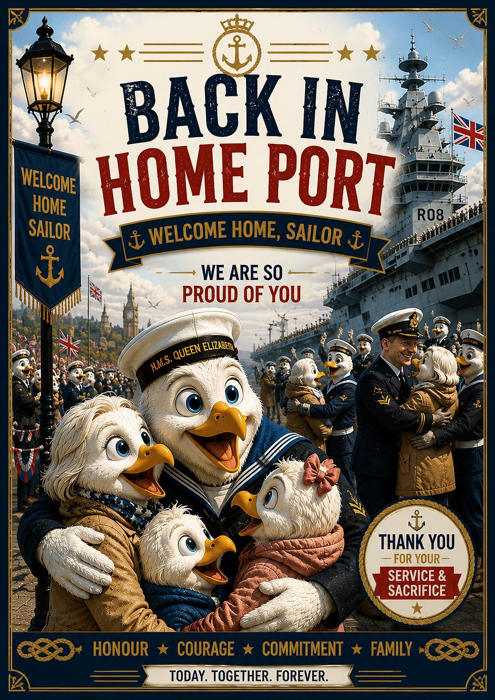 Funny Royal Navy homecoming card featuring sailors returning from deployment with humorous naval-themed artwork and homecomin