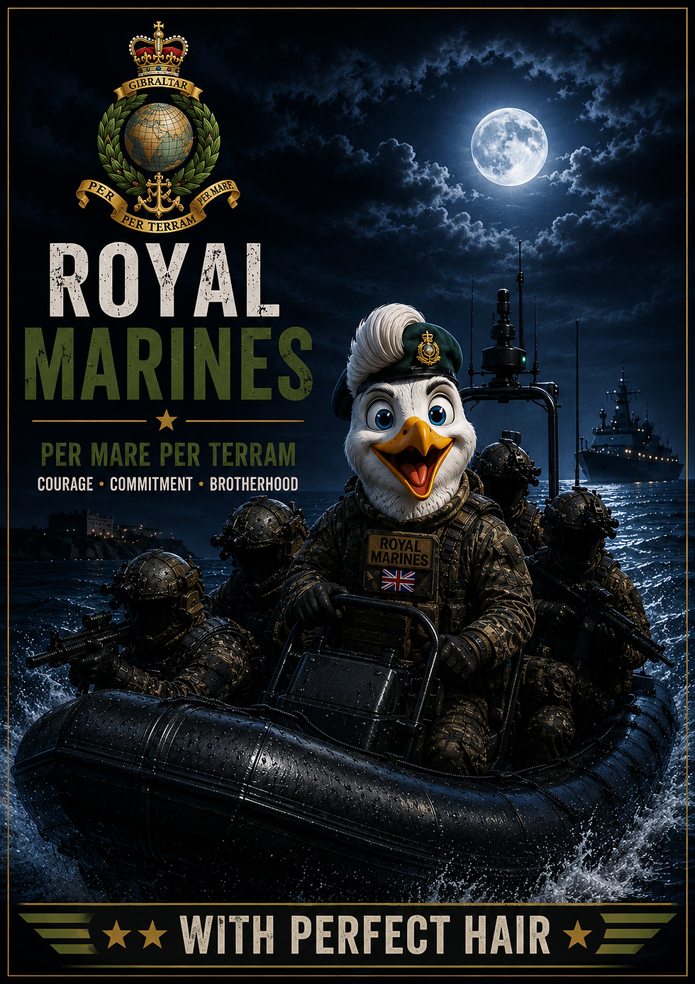 Funny Royal Marines military card featuring green beret commandos with humorous boy band-inspired military artwork.